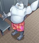 3_fingers beady_eyes belly black_eyes claws clothing fingers gesture gills grey_body grey_skin hand_gesture high-angle_view locker_room looking_at_viewer male overweight overweight_male selfie shaka_sign slightly_chubby smile solo swimming_trunks swimwear teeth tongue hunter-husky dc_comics harley_quinn_(series) king_shark fish marine shark 2019 hi_res signature