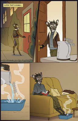 anthro apartment apartment_building barefoot biped boiling_water book building closed_smile clothed clothed_anthro clothing door evening feet foot_in_water fur furniture grey_body grey_fur head_tuft hot_water inside kettle male mouth_closed narration on_sofa opening_door outside pillow pointy_ears pouring_water prick_ears reading reading_book sitting sitting_on_sofa smile snout sofa solo table text tuft tusks walking yellow_sclera falco_works pen_(falco_works) cervine deer mammal tufted_deer 2024 comic digital_media_(artwork) english_text hi_res