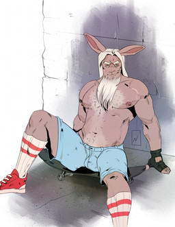 anthro areola beard bottomwear bulge clothed clothing facial_hair fingerless_gloves fingers footwear fur gloves hair handwear long_beard looking_at_viewer male mature_anthro mature_male nipples pecs shoes shorts sitting skateboard smile socks solo spread_legs spreading topless topless_anthro topless_male vehicle nevets lagomorph leporid mammal rabbit digital_media_(artwork) hi_res