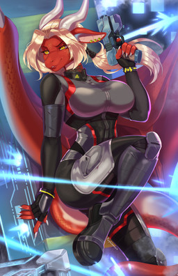 5_fingers anthro big_breasts biped blonde_hair breasts claws clothed clothed_anthro clothed_female clothing ear_piercing female finger_claws fingers front_view gun hair holding_gun holding_object holding_ranged_weapon holding_weapon horn looking_at_viewer non-mammal_breasts piercing ranged_weapon red_body red_scales red_tail red_wings scales smile solo tail thick_thighs weapon wide_hips wings yellow_eyes purplelemons mythology aurelia_(unbeholden) dragon mythological_creature mythological_scalie scalie 2025 absurd_res digital_drawing_(artwork) digital_media_(artwork) hi_res
