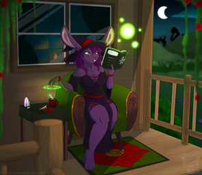 3_toes anthro barefoot biped book breasts claws clothed clothing cloud feet female finger_claws flower food fur furniture glowing hair hat headgear headwear logo magic magic_user moon night outside paws plant plantigrade porch reading reading_book red_rose rose_(flower) sitting smile solo stirring toes window witch witch_hat marvelous_managerie lagomorph leporid mammal rabbit artist_logo digital_media_(artwork) hi_res