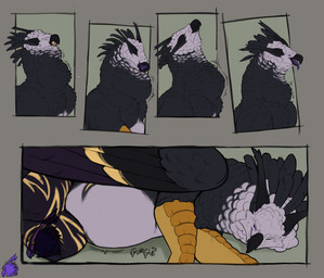beak belly black_beak black_body black_feathers duo feathers feral gurgle_(sound_effect) larger_pred logo male male_pred neck_bulge oral_vore purple_eyes rumbling_stomach size_difference swallowing teeth tongue vore white_body white_feathers zeanlain mythology zeanlain_(character) accipitrid accipitriform avian bird eagle gryphon harpy_eagle mythological_avian mythological_creature 2023 artist_logo colored comic hi_res