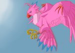 ambiguous_gender beak blue_background blue_eyes blue_markings claws feathers feral fiyobird gradient_background markings pink_body pink_feathers realistic red_claws ring ring_on_leg simple_background solo bandai_namco digimon avian bird biyomon digimon_(species) hi_res