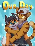 2020 anthro backwards_baseball_cap backwards_hat baseball_cap black_hair black_nose blue_eyes brown_hair brown_nose brown_stripes canid canine clothing countershading cover cover_art cover_page duo english_text felid fox fur gabe_(mytigertail) hair hair_through_hat hat headgear headwear hug hugging_another hugging_from_behind looking_at_viewer male mammal mytigertail open_mouth orange_body orange_fur pantherine shirt smile stripes tank_top text tiger topwear yellow_eyes