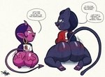anthro big_butt black_body black_fur body_writing bottomless breasts butt clothed clothing duo ear_piercing ear_ring female fur grey_eyes hair horn jersey open_mouth open_smile piercing ponytail print_clothing purple_body purple_hair red_clothing red_shirt red_topwear ring_piercing shirt simple_background smile spade_tail tail teeth text tongue topwear twerking white_clothing white_shirt white_topwear writing_on_butt yellow_eyes tansau carolina_hurricanes mythology new_jersey_devils demon domestic_cat felid feline felis humanoid mammal mythological_creature pantherine 2025 digital_media_(artwork) english_text