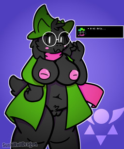 aged_up anthro big_breasts black_body black_fur blush breasts clothing crossgender curvy_figure eyewear female fur genitals glasses hat headgear headwear mtf_crossgender nipples robe simple_background smile solo thick_thighs voluptuous vulva sushirolldragon deltarune undertale_(series) ralsei bovid caprine darkner goat mammal 2018 digital_media_(artwork) hi_res