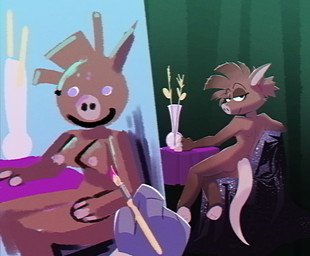 anthro bedroom_eyes biped brown_body brown_hair brush bubble_butt butt chair duo female first_person_view furniture hair long_tail looking_at_viewer looking_back looking_back_at_viewer lying male mohawk narrowed_eyes nipples nude nude_anthro nude_female on_chair on_side paintbrush painting_(action) painting_(object) paws ponytail posing_for_picture purple_eyes rear_view seductive sitting sitting_on_chair smile tail tail_base_tuft thick_tail vase whiskers wide_hips pusszone tiana_(pusszone) aardvark mammal 2026 hi_res