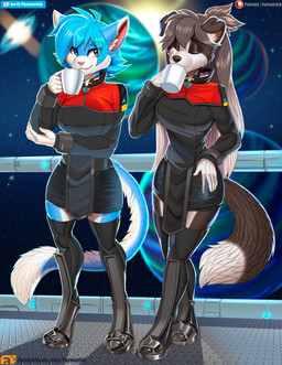 anthro blue_body blue_fur blue_hair brown_body brown_fur clothed clothing detailed_background duo female fur hair space spacecraft standing vehicle white_body white_fur fureverick elizabeth_(blobage) vikna_(fluff-kevlar) border_collie canid canine canis collie domestic_cat domestic_dog felid feline felis herding_dog mammal pastoral_dog sheepdog absurd_res hi_res