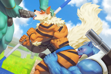 anal anthro anthro_on_anthro black_body black_fur blue_body blush erection faceless_anthro faceless_character faceless_male fur genitals green_body group group_sex humanoid_genitalia humanoid_penis male male/male male_anthro multicolored_body multicolored_fur muscular muscular_anthro muscular_male open_mouth oral orange_body orange_fur penis rimming sex threesome tongue tongue_out raccoon21 nintendo pokemon arcanine blastoise generation_1_pokemon pokemon_(species) 2026 hi_res