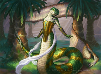 anthro apode armor bracers female gold_(metal) gold_armor grass green_body green_scales legless outside palm_tree plant scales serpentine solo stairs tongue tongue_out tree james_ryman hasbro magic:_the_gathering wizards_of_the_coast draconcopode naga official_art