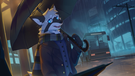 anthro blue_eyes bus clothed clothing commercial_vehicle fangs fur glistening glistening_eyes grey_body grey_fur holding_object holding_umbrella male night open_mouth outside public_transportation raining scarf solo teeth umbrella vehicle vehicle_for_hire kuttoyaki mammal procyonid raccoon 16:9 half-length_portrait hi_res portrait wallpaper widescreen