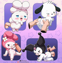 anthro anthro_penetrated balls blue_eyes blush butt butt_grab female female_anthro female_penetrated fur genitals group hand_on_butt human_on_anthro human_penetrating human_penetrating_anthro humanoid_genitalia humanoid_hands humanoid_penis interspecies long_ears male male/female male/male male_anthro male_human male_penetrated male_penetrating male_penetrating_anthro male_penetrating_female male_penetrating_male penetration penis penis_size_difference sex spade_tail tail tail_grab tapering_penis vulva white_body white_fur cloudeon cinnamoroll onegai_my_melody sanrio cinnamon_(cinnamoroll) kuromi my_melody pochacco canid canine canis demon domestic_dog human lagomorph leporid mammal rabbit absurd_res hi_res
