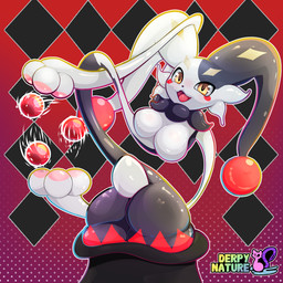 anthro big_butt breasts butt clothing elastic elastic_body female fool's_hat glistening glistening_body handpaw hat headgear headwear jester jester_outfit latex magic magic_hands magic_hat paws small_tail solo stretching tail derpy_nature palworld pocketpair dupin_(pal) felid humanoid lagomorph leporid mammal rabbit 1:1 hi_res