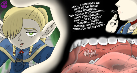 blonde_hair bodily_fluids dialogue extreme_size_difference female female_pred green_eyes hair humanoid_pointy_ears looking_at_viewer micro_pov not_furry pointy_ears prey_pov saliva saliva_on_tongue saliva_string size_difference solo teeth text tongue nikonoir delicious_in_dungeon marcille_donato elf humanoid 2025 absurd_res english_text hi_res