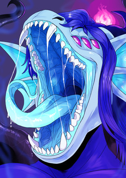 anthro bodily_fluids female frill_(anatomy) horn magic mouth_shot multi_eye open_mouth pheromones saliva solo teeth tendrils throat tongue tongue_out swampjaws prototype_shadow_blitz demon hybrid absurd_res hi_res