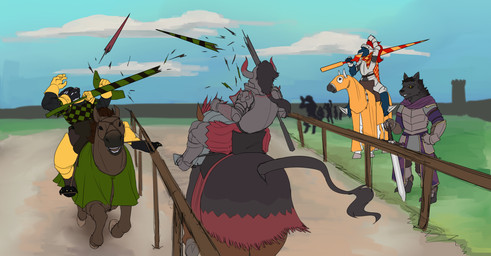 arena armor caparison female group jousting lance male melee_weapon plate_armor polearm riding silhouette sword weapon revertigo art_fight artfight2025 avian bird canid canine canis corvid corvus_(genus) dasyurid dasyuromorph human mammal marsupial oscine passerine raven tasmanian_devil wolf 2025 absurd_res flat_colors hi_res