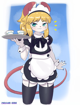 4_fingers anthro apron black_clothing black_dress black_headwear black_legwear black_stockings blonde_hair blue_background blue_eyes border clothed clothing container crossdressing cuff_links cup dress emanata femboy fingers front_view fur hair half-closed_eyes headgear headwear legwear looking_at_viewer maid_headdress maid_uniform male narrowed_eyes pink_body pink_nose serving_tray simple_background sky smile solo standing stockings tea_cup thigh_gap uniform white_apron white_body white_border white_clothing white_fur white_headwear mr-shin marvin_(mr-shin) mammal mouse murid murine rodent 2026 hi_res