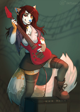 amplifier anthro biped bite biting_lip biting_own_lip boots bottomwear breasts clothed clothing collar ear_piercing electric_guitar fangs female footwear guitar hair half-closed_eyes holding_musical_instrument holding_object looking_down musical_instrument narrowed_eyes piercing playing_guitar playing_music plucked_string_instrument red_eyes self_bite shoes skirt smile solo standing string_instrument teeth kaitycuddle felid mammal digital_media_(artwork) shaded