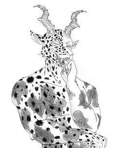 anthro arm_tattoo chest_tattoo claws fangs fur grin horn male markings mostly_nude muscular muscular_male smile solo spots spotted_body spotted_fur tattoo teeth efradraws beastars melon_(beastars) antelope bovid felid gazelle hybrid leopard mammal pantherine absurd_res graphite_(artwork) hi_res marker_(artwork) monochrome traditional_media_(artwork)