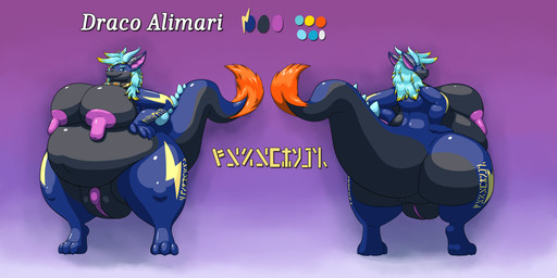 3_toes 4_fingers anthro areola avali_scratch_(text) belly big_areola big_breasts big_nipples big_tail big_vulva black_belly black_body black_breasts black_tail blue_arms blue_body blue_claws blue_ears blue_eyes blue_hair blue_horn blue_legs blue_tail breasts claws color_swatch facial_horn feet female female_anthro finger_claws fingers front_view genitals hair hand_on_hip hand_on_own_hip horn horned_tail huge_breasts huge_nipples huge_tail hyper hyper_genitalia hyper_nipples hyper_vulva lightning_bolt lightning_bolt_marking long_nipples nipples nose_horn nude nude_anthro nude_female orange_tail_tuft puffy_nipples purple_areola purple_background purple_inner_ear purple_insides purple_nipples purple_vulva rear_view simple_background solo tail tail_tuft text text_on_arm text_on_leg toes tuft vulva wide_hips yellow_hair_tips firolina european_mythology mythology draco_alimari dragon mythological_creature mythological_scalie scalie western_dragon 2:1 absurd_res hi_res model_sheet