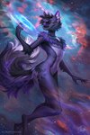 anthro arm_tuft black_body black_fur black_hair butt_tuft cheek_tuft cosmic_background elbow_tuft facial_tuft female fluffy fluffy_tail fur hair inner_ear_fluff markings multicolored_hair narrowed_eyes navel nebula nude purple_body purple_eyes purple_fur purple_hair purple_inner_ear purple_nose solo space space_background spots spotted_body spotted_fur spotted_markings spotted_tail tail tail_markings three-quarter_view tuft two_tone_hair white_inner_ear_fluff marie_merkh canid mammal artist_name hi_res signature