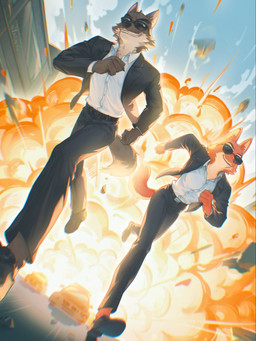 action_scene anthro belt bottomwear building canon_couple car clothing duo explosion eyewear female footwear male pants police police_car police_vehicle running shirt shoes sky smile suit sunglasses tail topwear vehicle white_clothing white_shirt white_topwear yato1923 dreamworks the_bad_guys diane_foxington mr._wolf_(the_bad_guys) canid canine canis fox mammal red_fox true_fox wolf 3:4 hi_res
