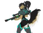 anthro armor blue_eyes butt clothed clothing electronics female fishnet_clothing gun hair headgear headphones headset holding_gun holding_object holding_ranged_weapon holding_weapon ponytail ranged_weapon rifle science_fiction skimpy solo weapon kittentits shanys canid canine canis domestic_dog mammal hi_res