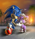 anthro blue_body blue_fur blue_hair clothing duo eyes_closed female feral fire footwear front_view fur hair heart_symbol male outside petting ponytail purple_body purple_fur ribbons shoes tail three-quarter_view psuc sega sonic_the_hedgehog_(series) blaze_the_cat sonic_the_hedgehog domestic_cat eulipotyphlan felid feline felis hedgehog mammal