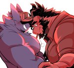 anthro beard between_pecs black_hair blush clothed clothing duo facial_hair food fur hair hat hat_over_eyes headgear headwear hidden_eyes horn male male/male muscular muscular_male pecs purple_body purple_fur red_body simple_background smile stubble topless white_background kokukokuboo mythology nintendo pocky pokemon jugger_(character) kokuhane_(character) dragon generation_1_pokemon gengar mythological_creature mythological_scalie pokemon_(species) scalie hi_res