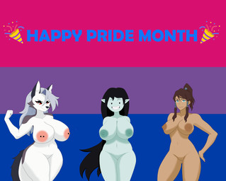 anthro areola barbell_piercing big_breasts big_butt biped bisexual_pride_colors black_hair blue_eyes breasts brown_body brown_hair butt female female_anthro female_human female_humanoid flexing flexing_muscles genitals grey_hair group hair hand_on_hip hands_behind_back humanoid_genitalia humanoid_vulva innie_vulva lgbt_pride long_hair nipple_barbell nipple_piercing nipples nude nude_anthro nude_female piercing ponytail pride_colors smile smiling_at_viewer standing tail text thick_thighs trio vulva dogmickhot adventure_time avatar:_the_last_airbender cartoon_network hellaverse helluva_boss lgbt_pride_month nickelodeon the_legend_of_korra korra loona_(helluva_boss) marceline_abadeer canid canine canis human humanoid mammal wolf absurd_res colored english_text hi_res