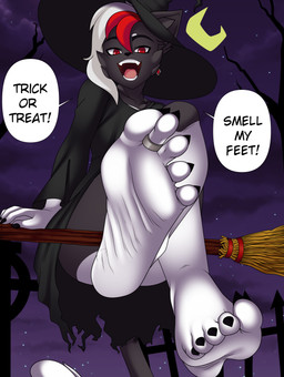 5_toes anthro barefoot bedroom_eyes black_clothing bottomless broom broom_riding cheek_tuft claws cleaning_tool clothed clothing convenient_censorship costume crossed_legs dialogue digit_ring ear_piercing ear_ring exclamation_point facial_tuft fangs feet femboy foot_fetish foot_focus front_view half-closed_eyes halloween_costume hat headgear headwear holidays humanoid_feet inviting jewelry looking_at_viewer looking_down looking_down_at_viewer low-angle_view male moon narrowed_eyes open_mouth open_smile partially_clothed perspective piercing plantigrade presenting raised_foot red_eyes ring ring_piercing seductive sitting smile solo spread_toes tail teeth text toe_claws toe_ring toes tuft upskirt witch_costume witch_hat cyborg-steve halloween jackson_thorne demon domestic_cat felid feline felis mammal absurd_res english_text hi_res