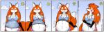 anthro belly big_belly black_body black_fur blush clothing clothing_pull cloud embarrassed exclamation_point female fur hair hand_on_belly nipples orange_body orange_fur orange_hair pregnant pregnant_anthro pregnant_female shirt shirt_pull sun surprise topwear topwear_pull white_body white_fur geckoguy123456789 leokitsune canid canine fox mammal comic