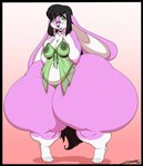 anthro black_border black_hair border breasts buckteeth clothing ears_back ears_down eyewear female fur glasses gloves_(marking) green_clothing green_eyes hair huge_thighs hyper hyper_thighs leg_markings long_hair markings mostly_nude negligee nipples open_mouth pink_body pink_fur pivoted_ears simple_background socks_(marking) solo teeth thick_thighs white_body white_fur deonwolf fia_(deonwolf) lagomorph leporid mammal rabbit hi_res