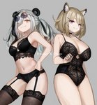 accessory big_breasts breasts choker clothing duo female garter_straps green_eyes grey_eyes hair hair_accessory hair_tie hand_on_hip jewelry legwear lingerie long_hair looking_at_viewer medium_breasts necklace pale_skin panties pupils slit_pupils smile teddy_(clothing) thick_thighs thigh_highs translucent translucent_clothing underwear nashidrop arknights hypergryph studio_montagne feater_(arknights) utage_(arknights) animal_humanoid bear chimera giant_panda humanoid hybrid mammal mammal_humanoid panda_humanoid ursid_humanoid ursine ursine_humanoid hi_res