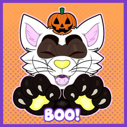 4_fingers anthro black_eyebrows black_hands border brown_markings cheek_tuft claws dialogue exclamation_point eyebrows eyes_closed facial_markings facial_tuft finger_claws fingers front_view fur grey_claws head_markings holidays jack-o'-lantern jack-o'-lantern_on_head light male male_anthro markings multicolored_body multicolored_fur object_on_head open_mouth open_smile orange_background outline pattern_background pawpads pink_inner_ear pink_outline pink_tongue purple_border sharp_teeth simple_background smile solo teeth thick_eyebrows tongue tuft uvula whiskers white_body white_fur yelling yellow_nose yellow_pawpads ractoons halloween liam_p_bandito domestic_ferret hybrid mammal mustelid musteline procyonid raccoon true_musteline weasel 1:1 2025 absurd_res bust_portrait colored digital_drawing_(artwork) digital_media_(artwork) english_description hi_res lighting portrait