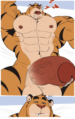 abs areola balls barazoku bed bedroom belly biceps big_balls big_penis biped black_eyebrows bodily_fluids bottomless clothed clothing cyan_background deltoids drooling erection exposed eyebrows eyes_closed fingers forearm_muscles front_view fur furniture genital_fluids genitals glans half-closed_eyes inside internal male manly markings mostly_nude multicolored_body multicolored_fur musclegut muscular muscular_male narrowed_eyes navel neutral_expression nude obliques orange_body orange_fur orgasm patreon_logo patreon_username pecs penis perineum precum quads red_glans red_penis saliva simple_background sleeping solo sound_effects spread_legs spreading stocky striped_body striped_fur striped_markings stripes teasing teeth teeth_showing thick_thighs tongue toony topless triceps twitter_logo urethra vein veiny_muscles veiny_penis vowelless vowelless_sound_effect waking_up wide_hips zzz vitashi patreon twitter felid mammal pantherine tiger 2023 colored comic credits digital_media_(artwork) hi_res sequence