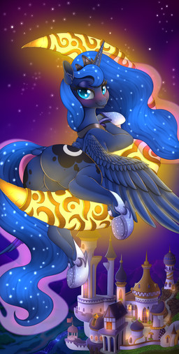 blue_body blue_feathers butt butt_pose cutie_mark detailed_background eyelashes feathered_wings feathers featureless_crotch female feral horn looking_at_viewer night outside pose rear_view smile solo straddling wings dankflank friendship_is_magic hasbro my_little_pony mythology princess_luna_(mlp) equid equine mammal mythological_creature mythological_equine winged_unicorn 2020 absurd_res digital_media_(artwork) hi_res