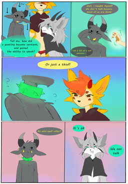 anthro bottomwear clothing clothing_pull collar dialogue female fur grey_body grey_fur group hair horn loincloth magic male navel orange_hair simple_background text trio yellow_body yellow_fur tenshiistar sol_(forrest18) toshi_(forrest18) bovid caprine demon felid goat hybrid mammal absurd_res comic english_text hi_res