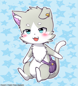ambiguous_gender anthro belly biped black_nose blue_eyes blush cheek_tuft chest_tuft ear_piercing ear_ring facial_tuft fangs fur gloves_(marking) grey_body grey_fur inner_ear_fluff leg_markings markings multicolored_body multicolored_fur open_mouth piercing pink_inner_ear ring_piercing socks_(marking) solo teeth tongue tuft two_tone_body two_tone_fur white_belly white_body white_fur kimacats re:zero puck_(re:zero) 2017 absurd_res hi_res