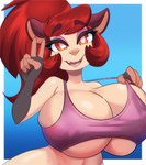 anthro big_breasts breasts clothed clothing eyelashes female fur gesture hair hand_gesture huge_breasts hyper hyper_breasts multicolored_body multicolored_fur orange_eyes partially_clothed pink_nose red_hair solo thick_eyelashes two_tone_body two_tone_fur alipse tania_tlacuache american_opossum mammal marsupial hi_res