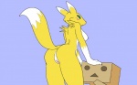 anthro black_sclera blue_background breasts butt dipstick_tail female fur genitals luvmuchine markings nipples pussy simple_background solo tail tail_markings white_body white_fur yellow_body yellow_fur darkdoomer bandai_namco digimon danbo canid canine digimon_(species) mammal renamon 16:10 digital_media_(artwork) hi_res microsoft_paint_(artwork) widescreen