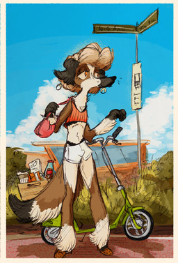 anthro beverage_bottle blonde_hair blue_sky book bottle bottomwear box bra building bus_stop_sign cellphone clothing cloud cloudy_sky coffee_cup container crate cup ear_piercing ear_ring electronics eyelashes femboy footwear fur hair male multicolored_body multicolored_fur panties phone piercing plant purse ring_piercing scooter shoes shorts shrub sky skyscape smartphone sneakers soda_bottle solo sunny tall tan_body topwear traffic_sign underwear white_body chuchito72 borzoi canid canine canis domestic_dog hunting_dog mammal sighthound absurd_res hi_res