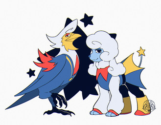 ambiguous_gender beak boots bottomwear clothing duo feet feral feralized footwear fur hair lidded_eyes markings red_markings shoes skirt smile standing star_tail talons toes white_body white_fur white_hair wings yellow_markings reignbeaux13 deltarune undertale_(series) elnina_(deltarune) lanino_(deltarune) avian bird canid canine canis domestic_dog mammal poodle species_request 2025 digital_media_(artwork) hi_res watermark female_(lore) male_(lore)