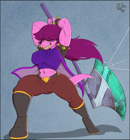 abs anthro armband axe biceps big_breasts blue_background bodily_fluids boots bracelet breasts clothing crop_top curvy_figure feet female fingers footwear freckles hair hair_over_eyes hourglass_figure jacket jewelry long_hair melee_weapon midriff muscular muscular_anthro muscular_female navel nipple_outline pink_body pink_scales purple_hair scales shadow sharp_teeth shirt shoes simple_background smile solo spiked_armband spiked_bracelet spikes standing sweat teeth thick_thighs topwear weapon wide_hips meatboom deltarune undertale_(series) susie_(deltarune) lizard reptile scalie 2021 digital_media_(artwork) hi_res