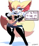 anthro belt chain clothing corset female fur genitals holding_object leather legwear lingerie pussy red_body red_eyes red_fur short_stack smug smug_face solo straps text thigh_highs topwear white_body white_fur yellow_body yellow_fur ando nintendo pokemon braixen canid canine generation_6_pokemon mammal pokemon_(species) absurd_res english_text hi_res