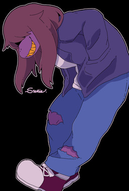 anthro bottomwear breasts brown_hair clothing denim denim_bottomwear denim_clothing female footwear freckled_face freckles hair hair_over_eyes hand_in_pocket jacket jeans leaning leaning_forward pants pockets purple_body purple_clothing purple_jacket purple_topwear sharp_teeth shirt shoes solo teeth toothy_grin topwear torn_bottomwear torn_clothing torn_jeans torn_pants white_clothing white_shirt white_topwear yellow_teeth underchikichan deltarune undertale_(series) susie_(deltarune) scalie hi_res