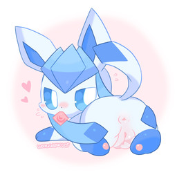 anus blue_body blue_ears blue_inner_ear blue_paws blue_sclera blue_tail blush blush_lines bodily_fluids body_blush butt clitoral_hood condom condom_in_mouth condom_wrapper emanata female feral genital_fluids genitals head_accessory heart_symbol mouth_hold object_in_mouth pawpads pink_anus pink_condom pink_pawpads pink_text_border pink_vulva plump_labia pupils sexual_barrier_device simple_background small_nose solo spread_butt spreading sweat sweatdrop tail text vaginal_fluids vulva vulva_blush white_pupils white_text waruwaru0205 nintendo pokemon eeveelution generation_4_pokemon glaceon pokemon_(species) 1:1 2025 digital_drawing_(artwork) digital_media_(artwork) hi_res signature