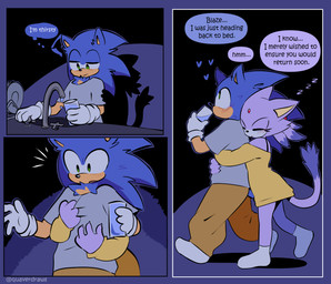 blue_body blue_fur blush clothing dialogue drinking female footwear fur gloves green_eyes handwear heart_symbol hug inside male romantic socks speech_bubble surprised text thought thought_bubble thoughts water quavernsfw sega sonic_the_hedgehog_(series) blaze_the_cat sonic_the_hedgehog domestic_cat eulipotyphlan felid feline felis hedgehog mammal comic english_text hi_res