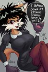 anthro big_breasts black_clothing black_dress black_eyeshadow black_hair black_nose breasts clothed clothing dialogue dress ear_piercing eyeshadow female fur grey_background hair industrial_piercing industrial_piercing_ladder makeup orange_body orange_fur piercing red_eyes sharp_teeth simple_background solo speech_bubble teeth text white_body white_fur boker laura_derose bat-eared_fox canid canine fox mammal 2:3 artist_name digital_media_(artwork) english_text signature