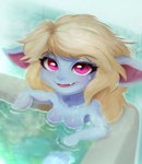 areola blue_body breasts cute_fangs fangs female humanoid_pointy_ears looking_at_viewer partially_submerged pink_eyes pointy_ears sauna short_stack small_breasts solo teeth tonzy league_of_legends riot_games tencent poppy_(lol) humanoid yordle absurd_res hi_res